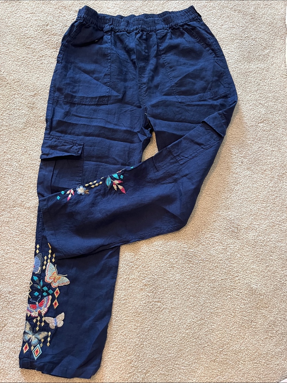 Johnny Was from Sundance Navy Embroidered Cropped Straight Leg Cargo Pants, NWOT